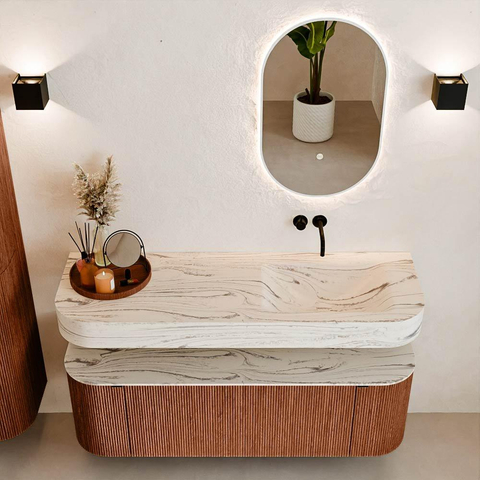 MONDIAZ THOR-DLUX 140cm meuble de salle de bains arrondi gauche + droite couleur Ruby avec 1 tiroir et 2 portes. Vasque suspendue CLOUD Droite sans trou de robinet couleur Nata. SW1464261