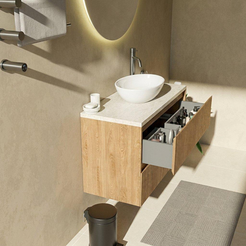 Saniclass Holz Atelier Ensemble de meubles de salle de bains - 100x45x63cm - Plan de travail en pierre naturelle travertin - 1 trou de robinet - 2 tiroirs - chêne naturel mat (bois) SW1478859