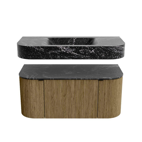 MONDIAZ THOR-DLUX 100cm meuble de salle de bains arrondi gauche + droite couleur Dusk avec 1 tiroir et 2 portes. Vasque suspendue CLOUD Milieu 1 trou de robinet couleur Lava. SW1467401