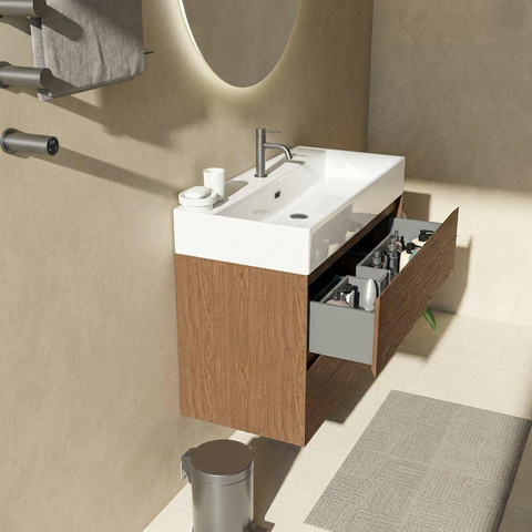 Saniclass Holz Pure Ensemble meuble de salle de bains - 100x45x72cm - Legend lavabo en céramique blanc - 1 vasque - 1 trou de robinetterie - 2 tiroirs - noyer pure mat (bois) SW1478496