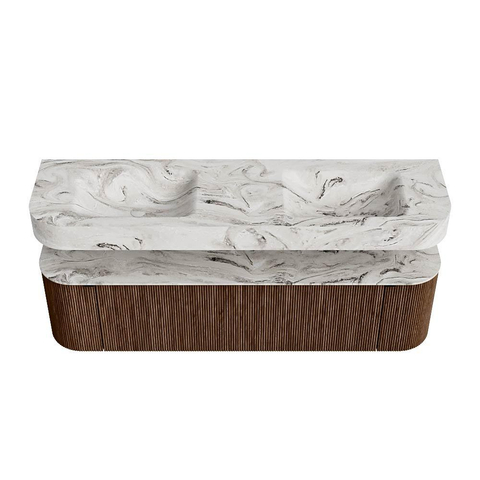 MONDIAZ THOR-DLUX 170cm meuble de salle de bains arrondi gauche + droite couleur Walnut avec 1 tiroir et 2 portes. Vasque suspendue CLOUD Double sans trou de robinet couleur Glace. SW1465589