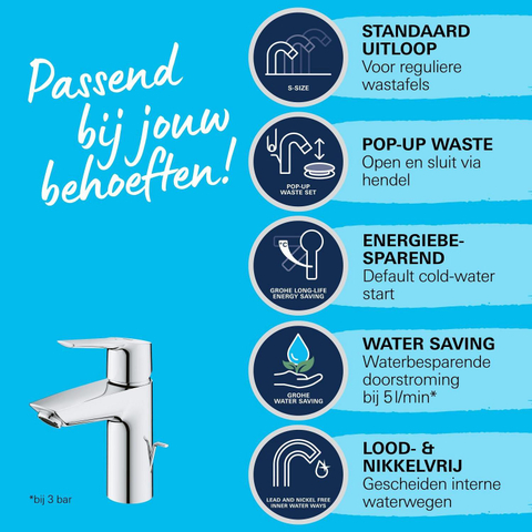 Grohe Start QuickFix Mitigeur de lavabo - apparent - bec de 10.9cm - taille S - vidage à tirette - chrome SW706675