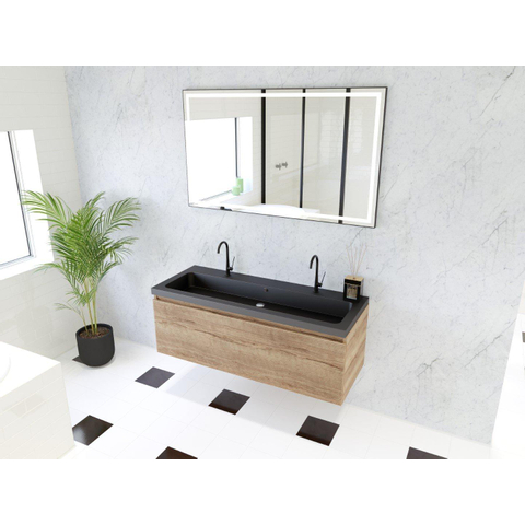 H&R Badmeubelen Matrix 3D badkamermeubelset 120cm 1 lade greeploos met greeplijst in kleur French oak met wasbak djazz 2 kraangaten zwart mat SW857119