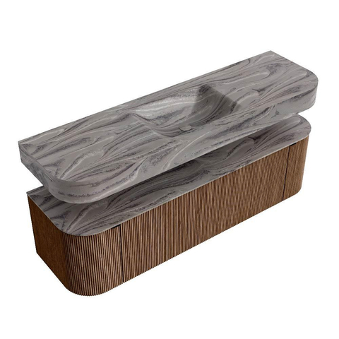 MONDIAZ THOR-DLUX 160cm meuble de salle de bains arrondi gauche + droite couleur Walnut avec 1 tiroir et 2 portes. Vasque suspendue CLOUD Milieu 1 trou de robinet couleur Sombra. SW1465376