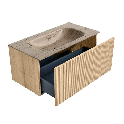 MONDIAZ KURVE-DLUX 90cm badmeubel kleur Oak met 1 lade en 0 deuren. Wastafel BIG SMALL Midden zonder kraangat Arena. SW1431102
