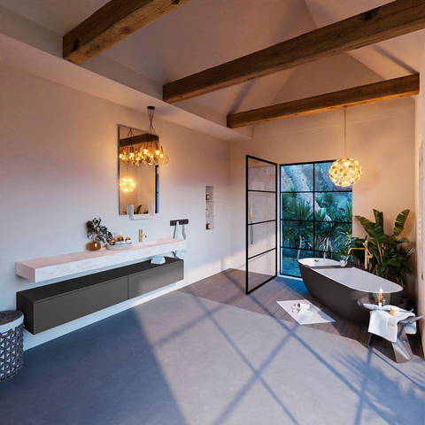 Mondiaz ALAN-DLUX Ensemble de meuble - 200cm - meuble Dark grey mat - 2 tiroirs - Lavabo Cloud Ostra suspendu - vasque Droite - 1 trou de robinet SW807305