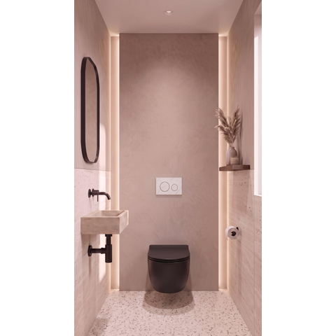 QeramiQ Dely Swirl Toiletset - inbouwreservoir Qeramiq Flush - slim zitting - natuursteen wit marmeren bedieningsplaat - ronde knoppen - mat zwart SW1578330