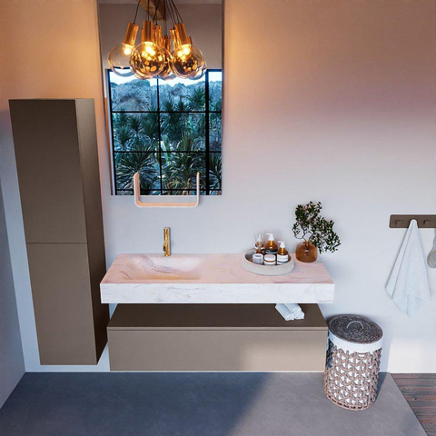 Mondiaz ALAN-DLUX Ensemble de meuble - 130cm - meuble Smoke mat - 1 tiroir - Lavabo Cloud Ostra suspendu - vasque Gauche - 1 trou de robinet SW807307