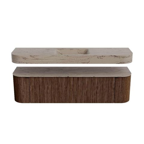 MONDIAZ THOR-DLUX 170cm badmeubel ronding links + rechts kleur Walnut met 1 lade en 2 deuren. Vrijhangende wastafel CLOUD Midden zonder kraangat kleur Arena. SW1465797