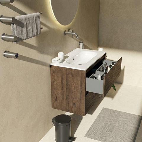 Saniclass Holz Pure Badkamermeubelset - 80x45x73.9cm - Chaci keramische wastafel wit - 1 wasbak - zonder kraangat - 2 lades - mat eiken charcoal (hout) SW1478793