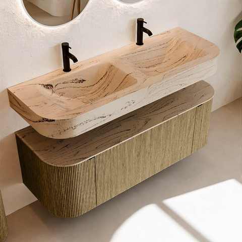 MONDIAZ THOR-DLUX 130cm meuble de salle de bains arrondi gauche + droite couleur Dusk avec 1 tiroir et 2 portes. Vasque suspendue CLOUD Double 2 trous de robinet couleur Arena. SW1463780