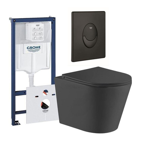 QeramiQ Dely Toiletset - Grohe inbouwreservoir - mat zwarte bedieningsplaat - ovaal toilet - zitting - matte black (mat zwart) SW656915