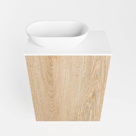 Mondiaz Fowy Meuble WC - 40x50x23cm - chêne blanchi mat - 1 trou de robinet - lavabo à gauche - 1 porte - solid surface - plan Mélamine - lavabo : Blanc / Noir SW761433