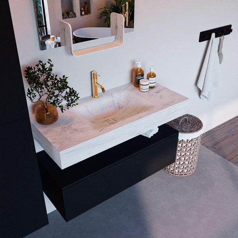 Mondiaz ALAN-DLUX Ensemble de meuble - 100cm - meuble Urban mat - 1 tiroir - Lavabo Cloud Opalo suspendu - vasque Centre - 1 trou de robinet SW806373