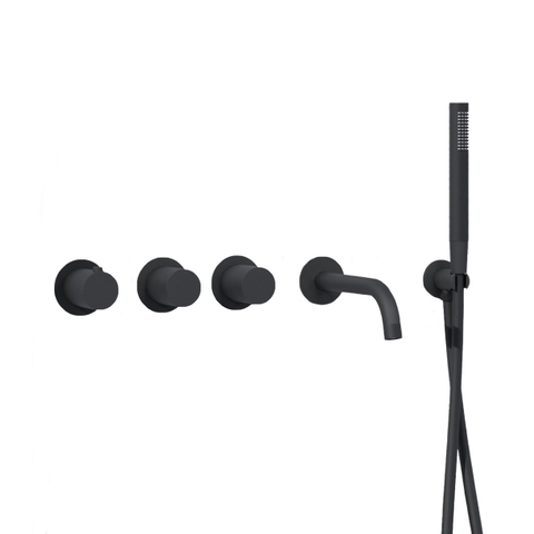 Fortifura Nebbio Ensemble combiné baignoire - robinet thermostatique - coude mural avec support de douchette - flexible de douche lisse - douchette sur barre - bec - noir mat SW1238014