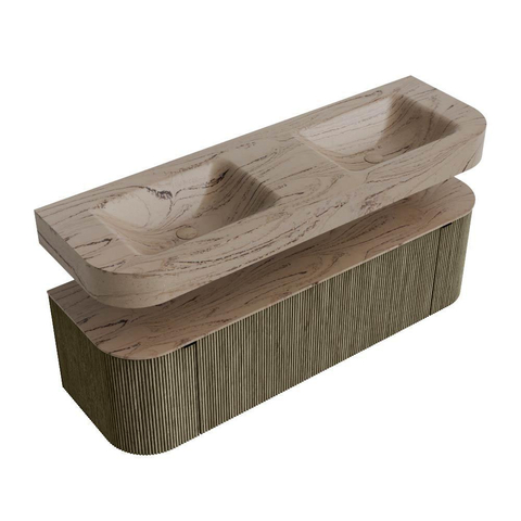 MONDIAZ THOR-DLUX 150cm meuble de salle de bains arrondi gauche + droite couleur Shadow avec 1 tiroir et 2 portes. Vasque suspendue CLOUD Double 2 trous de robinet couleur Arena. SW1464737