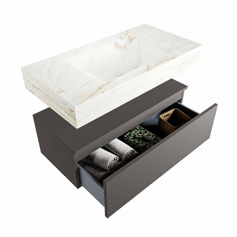 Mondiaz ALAN-DLUX Ensemble de meuble - 90cm - meuble Dark grey mat - 1 tiroir - Lavabo Cloud Frappe suspendu - vasque Centre - 0 trous de robinet SW804793
