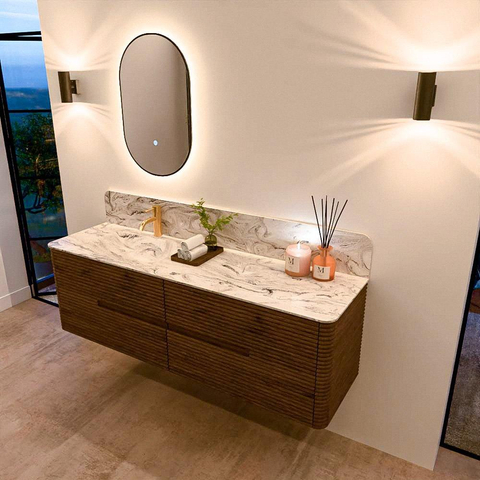 Mondiaz CIRO-DLUX Badkamermeubelset - 160x45x50cm - Solid surface wastafel Glace - 1 wasbak Links - 1 kraangat - 4 lades - Dusk SW1532991