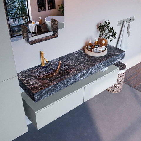 Mondiaz ALAN-DLUX Ensemble de meuble - 150cm - meuble Clay mat - 2 tiroirs - Lavabo Cloud Lava suspendu - vasque Gauche - 1 trou de robinet SW808632