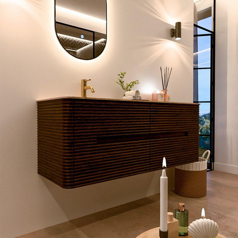 Mondiaz CIRO-DLUX Meuble de salle de bains - 130x45x50cm - Plan-vasque en solid surface Arena - 1 vasque à gauche - 1 trou de robinetterie - 4 tiroirs - Noyer SW1530436