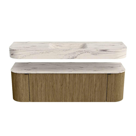 MONDIAZ THOR-DLUX 150cm meuble de salle de bains arrondi gauche + droite couleur Dusk avec 1 tiroir et 2 portes. Vasque suspendue CLOUD Milieu 1 trou de robinet couleur Nata. SW1464813