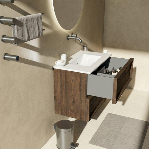 Saniclass Holz Frame Badkamermeubelset - 80x45x62cm - Vygo keramische wastafel wit - 1 wasbak - zonder kraangat - 2 lades - mat eiken charcoal (hout) SW1579937