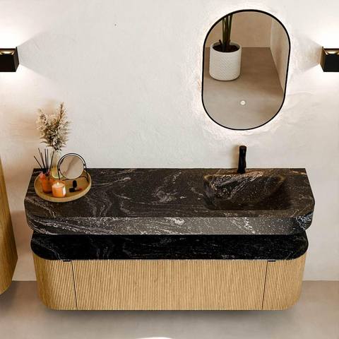 MONDIAZ THOR-DLUX 160cm meuble de salle de bains arrondi gauche + droite couleur Oak avec 1 tiroir et 2 portes. Vasque suspendue CLOUD droite 1 trou de robinet couleur Lava. SW1464963