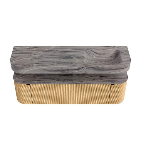 MONDIAZ THOR-DLUX 160cm meuble de salle de bains arrondi gauche + droite couleur Oak avec 1 tiroir et 2 portes. Vasque suspendue CLOUD Droite 1 trou de robinet couleur Sombra. SW1465363