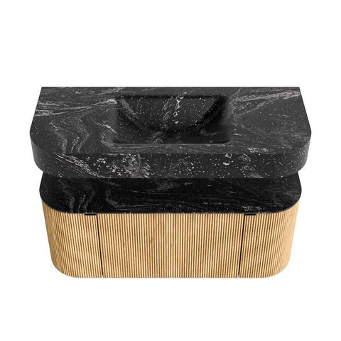 MONDIAZ THOR-DLUX 110cm meuble de salle de bains arrondi gauche + droite couleur Oak avec 1 tiroir et 2 portes. Vasque suspendue CLOUD Milieu sans trou de robinet couleur Lava. SW1462743
