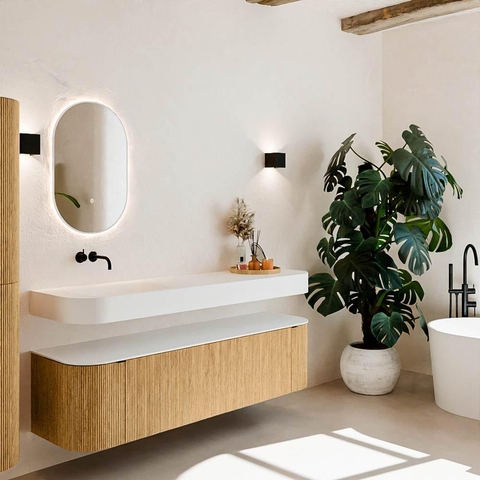 MONDIAZ THOR 170cm meuble de salle de bains arrondi gauche + droite couleur Oak avec 1 tiroir et 2 portes. Vasque suspendue CLOUD gauche sans trou de robinet couleur Talc. SW1465398