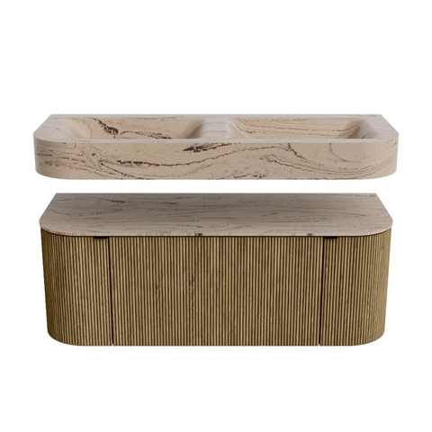 MONDIAZ THOR-DLUX 120cm meuble de salle de bains arrondi gauche + droite couleur Dusk avec 1 tiroir et 2 portes. Vasque suspendue CLOUD Double 2 trous de robinet couleur Arena. SW1463391