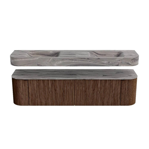 MONDIAZ THOR-DLUX 180cm badmeubel ronding links + rechts kleur Walnut met 2 lades en 2 deuren. Vrijhangende wastafel CLOUD Dubbel 2 kraangaten kleur Sombra. SW1466287
