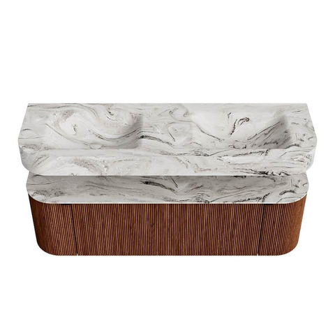 MONDIAZ THOR-DLUX 150cm badmeubel ronding links + rechts kleur Ruby met 1 lade en 2 deuren. Vrijhangende wastafel CLOUD Dubbel zonder kraangat kleur Glace. SW1464571