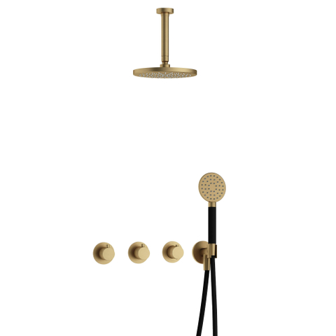 Hotbath Cobber IBS70 Regendoucheset - inbouw - 15cm plafondarm - 20cm ronde hoofddouche - 1 stand handdouche - geborsteld messing goud SW677646