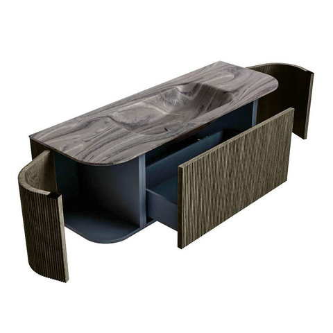 MONDIAZ KURVE-DLUX 130cm badmeubel ronding Links + Rechts kleur Shadow met 1 lade en 2 deuren. Wastafel BIG SMALL Midden zonder kraangat Sombra. SW1433746