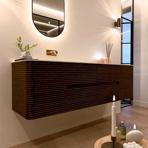 Mondiaz CIRO-DLUX Ensemble de meubles de salle de bains - 170x45x50cm - plan-vasque solid surface Ostra - 1 bassin à gauche - sans trous de robinet - 4 tiroirs - Noyer SW1530388