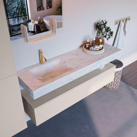 Mondiaz ALAN-DLUX Ensemble de meuble - 150cm - meuble Linen mat - 1 tiroir - Lavabo Cloud Opalo suspendu - vasque Gauche - 1 trou de robinet SW806597