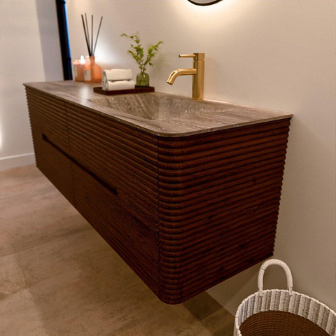 Mondiaz CIRO-DLUX Badkamermeubelset - 150x45x50cm - Solid surface wastafel Oza - 1 wasbak Rechts - 1 kraangat - 4 lades - Ruby SW1532106