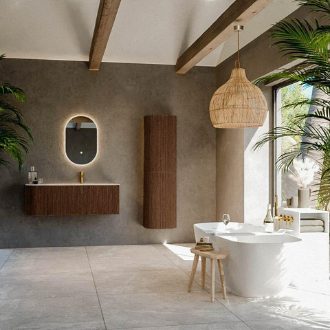 MONDIAZ KURVE-DLUX meuble de salle de bain 125 cm arrondi à gauche couleur noyer avec 1 tiroir et 1 porte. Lavabo BIG MEDIUM à droite 1 trou de robinet Meli. SW1431702