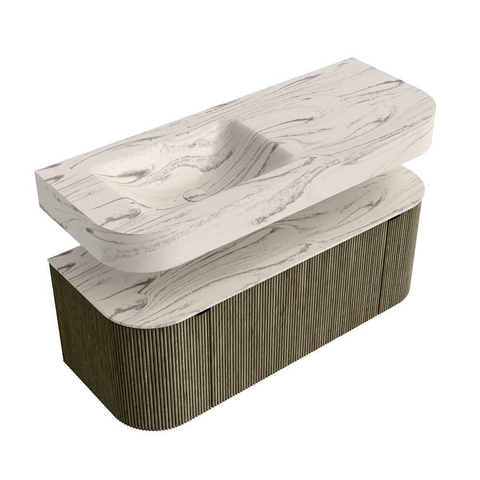 MONDIAZ THOR-DLUX 120cm badmeubel ronding links + rechts kleur Shadow met 1 lade en 2 deuren. Vrijhangende wastafel CLOUD Links zonder kraangat kleur Nata. SW1463378