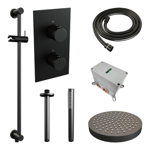 BRAUER Stripe Douche de pluie thermostatique encastrée - 3 voies - rectangulaire - SET 21 - pomme de douche 25cm - bras plafond - douchette à main - flexible de douche - barre coulissante intégrée - noir mat SW1435148