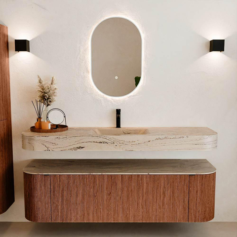 MONDIAZ THOR-DLUX 160cm meuble de salle de bains arrondi gauche + droite couleur Ruby avec 1 tiroir et 2 portes. Vasque suspendue CLOUD Milieu 1 trou de robinet couleur Arena. SW1465164