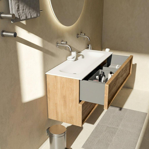 Saniclass Holz Frame Ensemble de meuble de salle de bains - 120x45x61.5cm - Flow lavabo en Solid Surface blanc - 2 vasques - sans trous de robinet - 2 tiroirs - chêne natural mat (bois) SW1579776