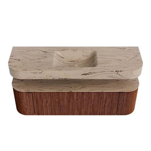 MONDIAZ THOR-DLUX 150cm meuble de salle de bains arrondi gauche + droite couleur Ruby avec 1 tiroir et 2 portes. Vasque suspendue CLOUD Milieu sans trou de robinet couleur Arena. SW1464734