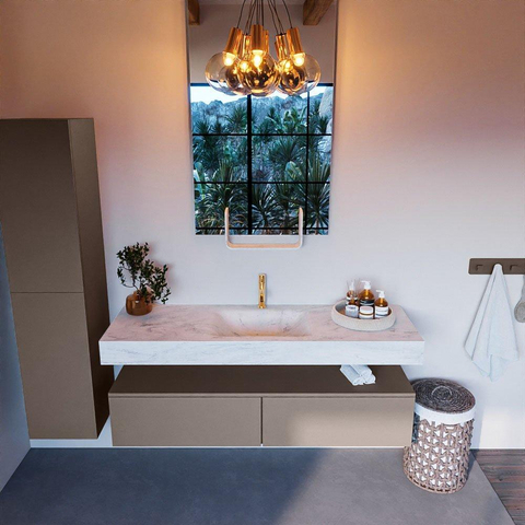 Mondiaz ALAN-DLUX Ensemble de meuble - 150cm - meuble Smoke mat - 2 tiroirs - Lavabo Cloud Opalo suspendu - vasque Centre - 1 trou de robinet SW806364