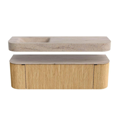 MONDIAZ THOR-DLUX 150cm badmeubel ronding links + rechts kleur Oak met 1 lade en 2 deuren. Vrijhangende wastafel CLOUD Links 1 kraangat kleur Saba. SW1464849