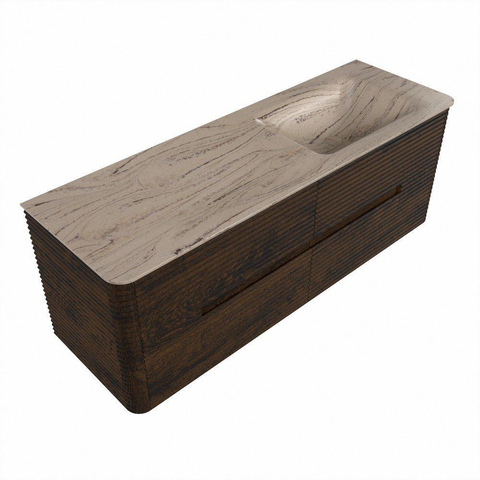Mondiaz CIRO-DLUX Badkamermeubelset - 140x45x50cm - Solid surface wastafel Arena - 1 wasbak Rechts - zonder kraangaten - 4 lades - Walnut SW1530438