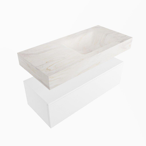Mondiaz ALAN-DLUX Ensemble de meuble - 100cm - meuble Talc mat - 1 tiroir - Lavabo Cloud Ostra suspendu - vasque Droite - 1 trou de robinet SW806776
