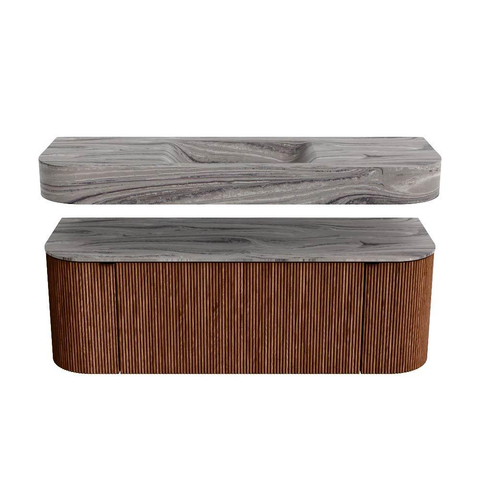 MONDIAZ THOR-DLUX Meuble de salle de bains 130cm arrondi gauche + droite couleur Ruby avec 1 tiroir et 2 portes. Vasque suspendue CLOUD Milieu 1 trou de robinet couleur Sombra. SW1464076