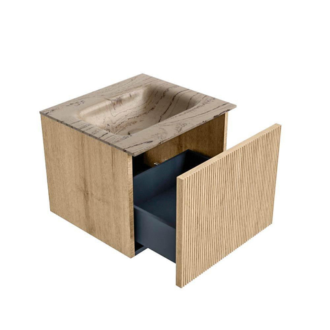 MONDIAZ KURVE-DLUX 50cm badmeubel kleur Oak met 1 lade en 0 deuren. Wastafel GRUNNE Midden zonder kraangat Arena. SW1431069